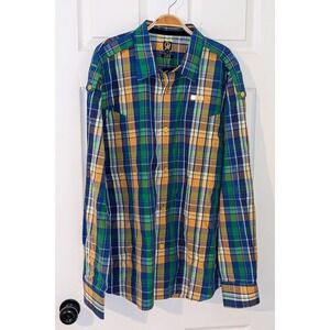 Cavi Men 2XL Plaid Striped Long-Sleeved Button Cotton Shirt Gold Buttons NWT $98